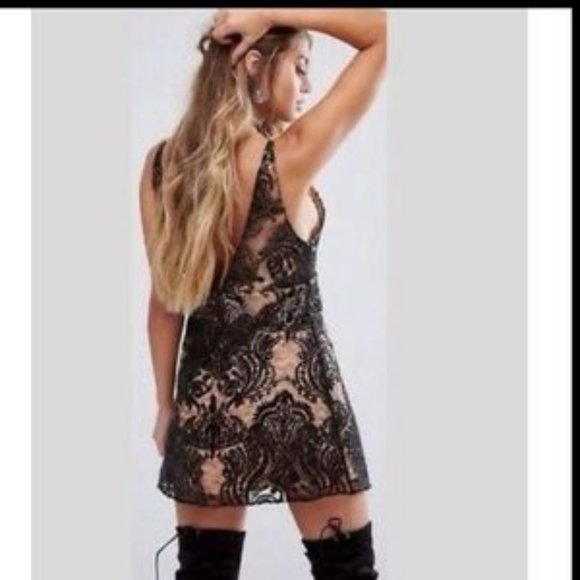 NWT Free People Night Shimmer Sequin Mini Dress Black Lace Nude Slip Size 12. - Picture 3 of 7